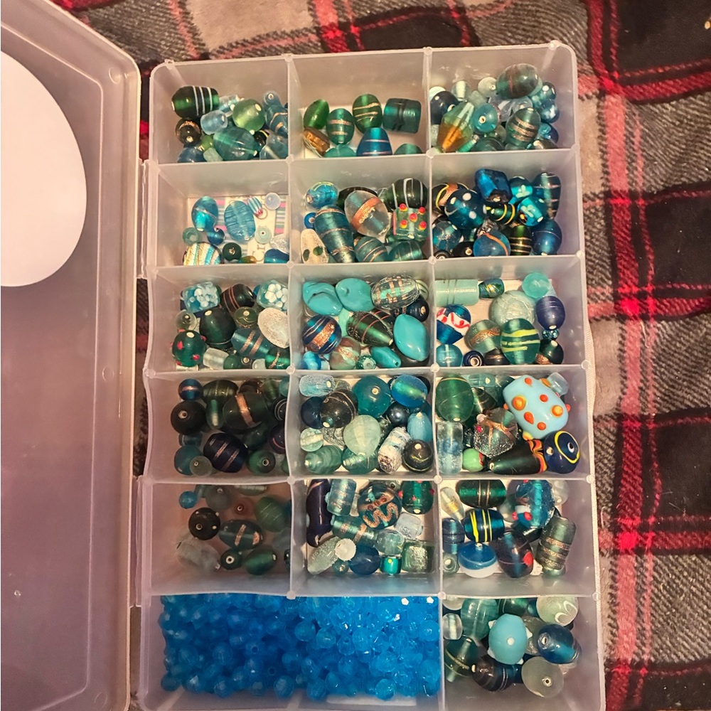 Clear Bead Storage Box with Blue and Teal Beads - Jewelry Organizer